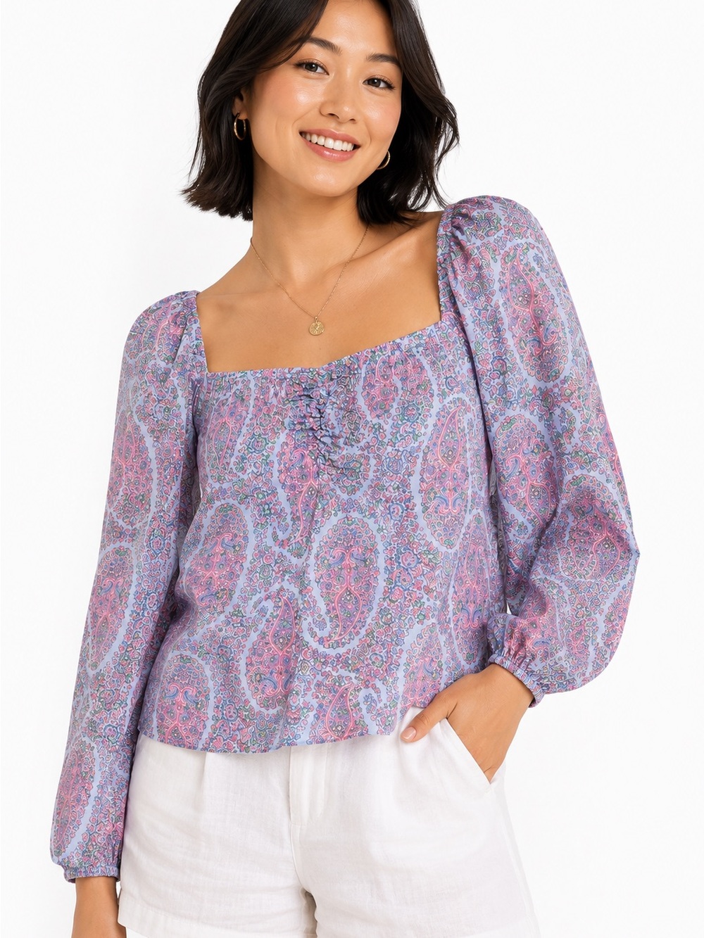 J. Crew Lavender and Pink Paisley Square-Neck Blouse NWT